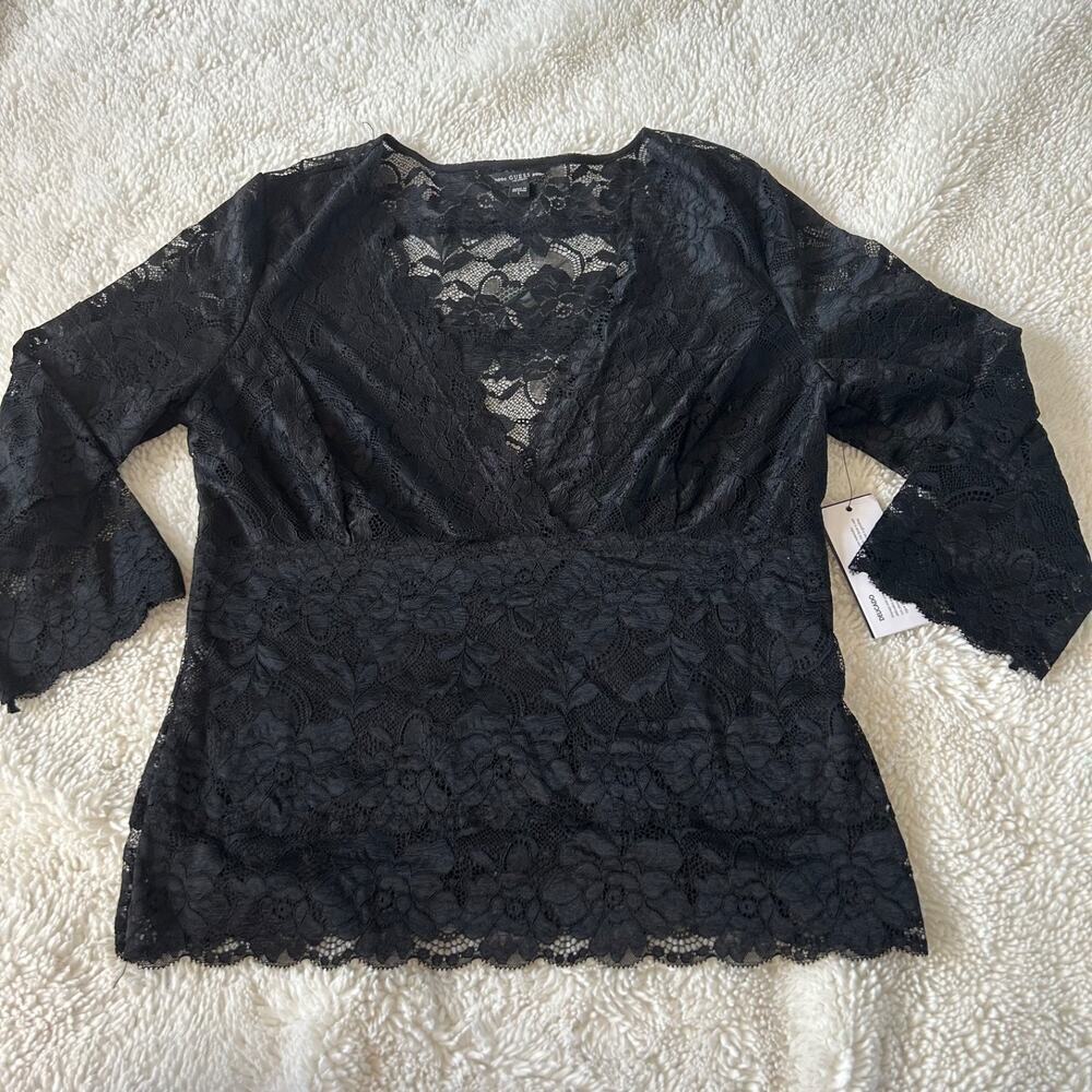 NWT Guess Womens Lace V Neck Long Sleeve in Black Size Large - Picture 2 of 8